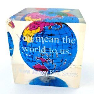 Lucite Floating Globe Paperweight 2" "You Mean The World to Us"